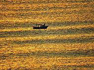 Barco de pescadores ao amanhecer no mar de Balnerio Cambori, SC